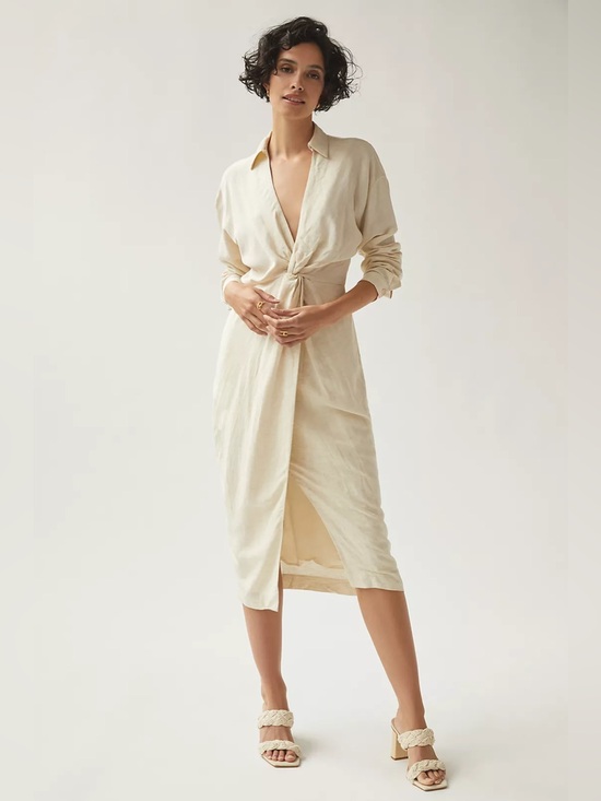 Anthropologie Dresses & Skirts - Anthropologie Ivory V-Neck Knot Front Midi Dress Linen Blend US 2